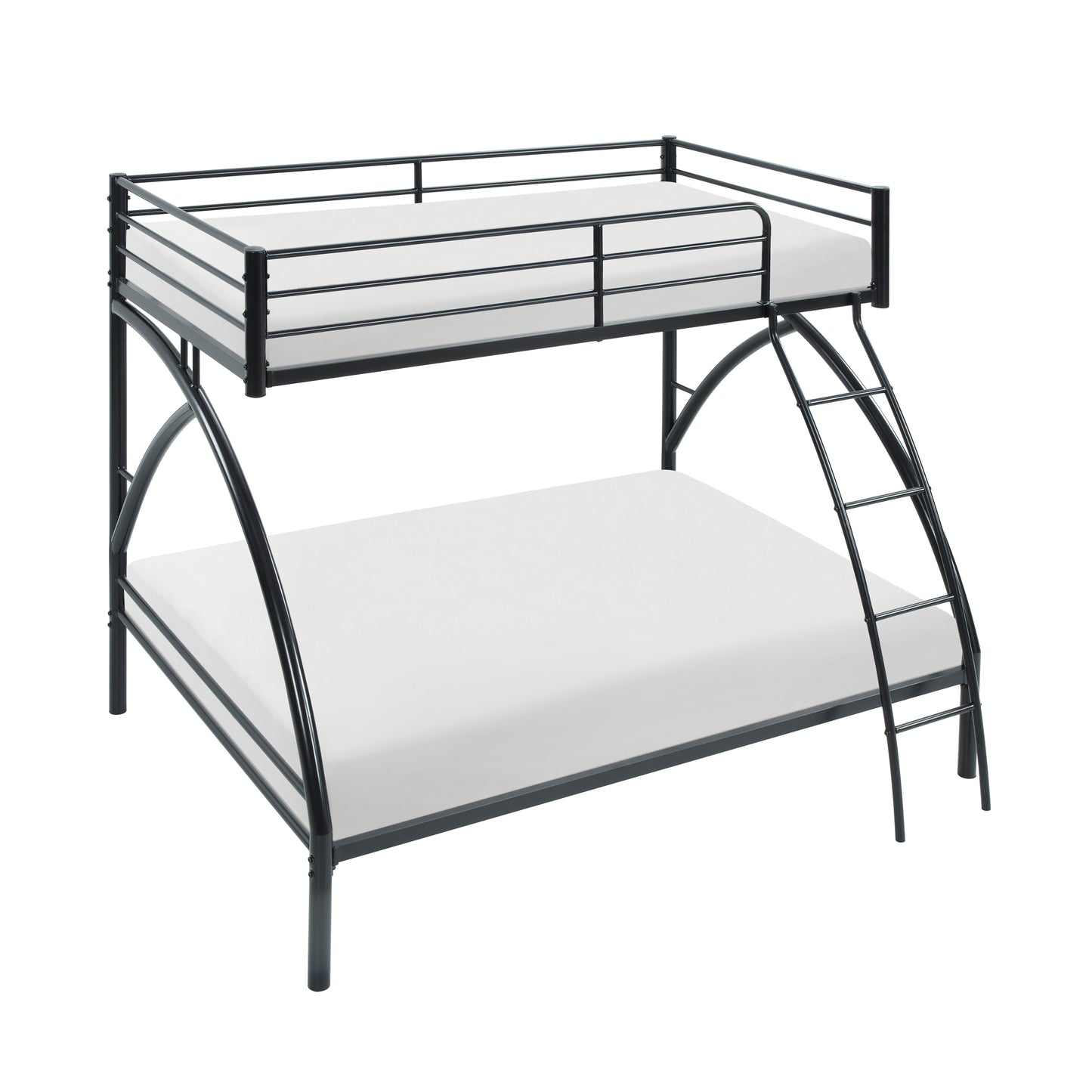 Black metal bunk bed with white mattresses and a silver ladder