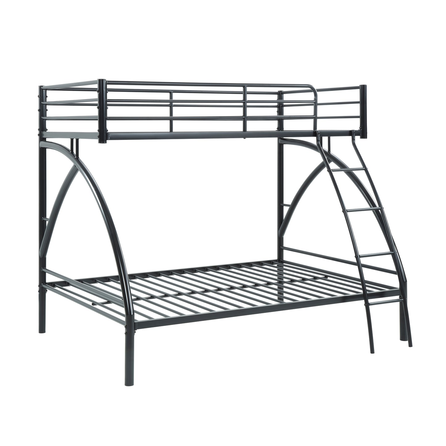 Sleek black metal twin over twin bunk bed with ladder and guardrails for kids rooms
