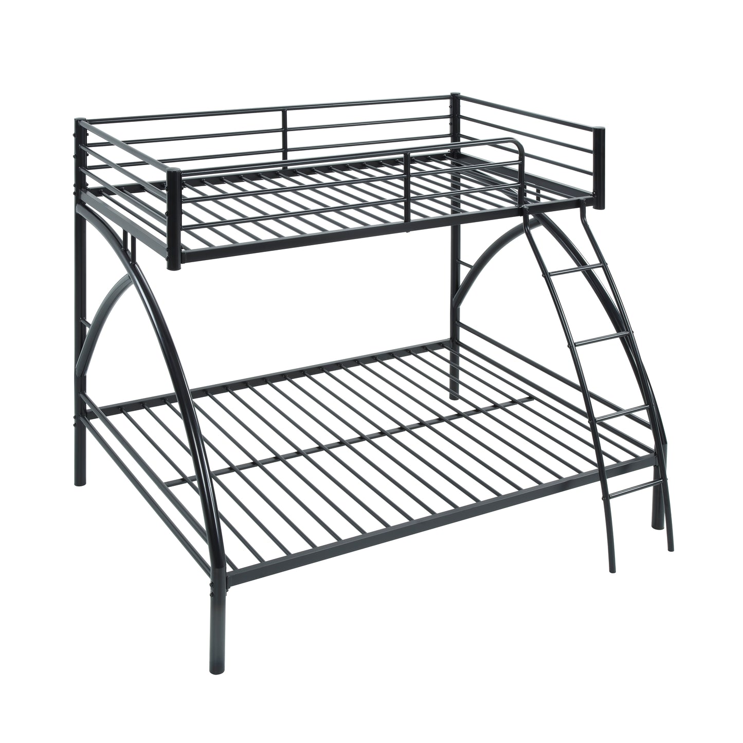 Black metal twin over twin bunk bed with ladder and guardrails for kids room