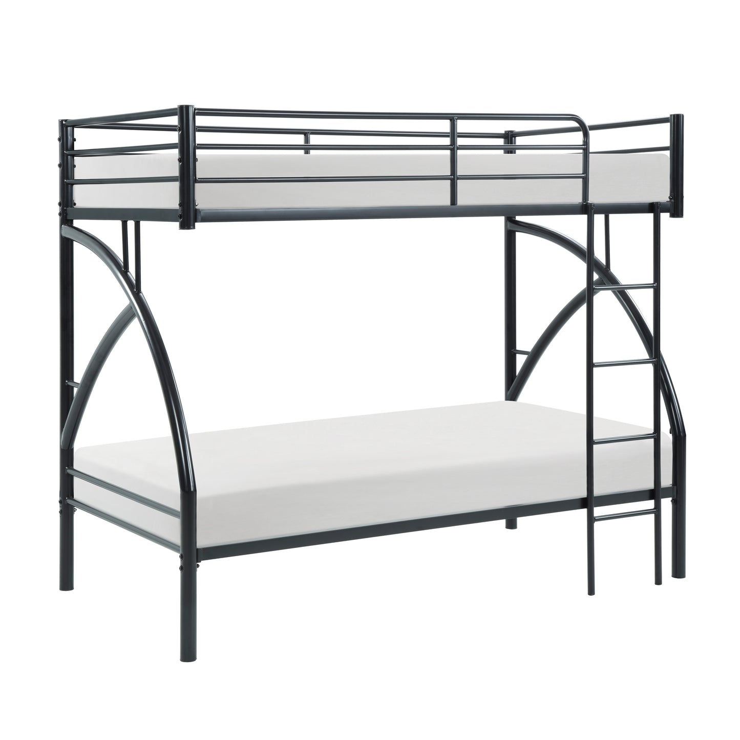 Black metal bunk bed with two white mattresses and integrated ladder for spacesaving bedroom