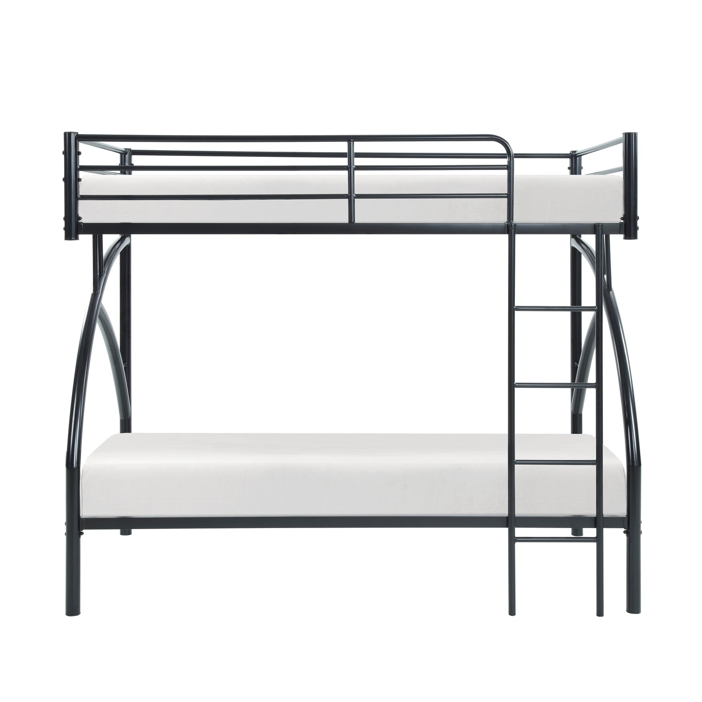 Black metal twin over twin bunk bed with white mattresses and side ladder