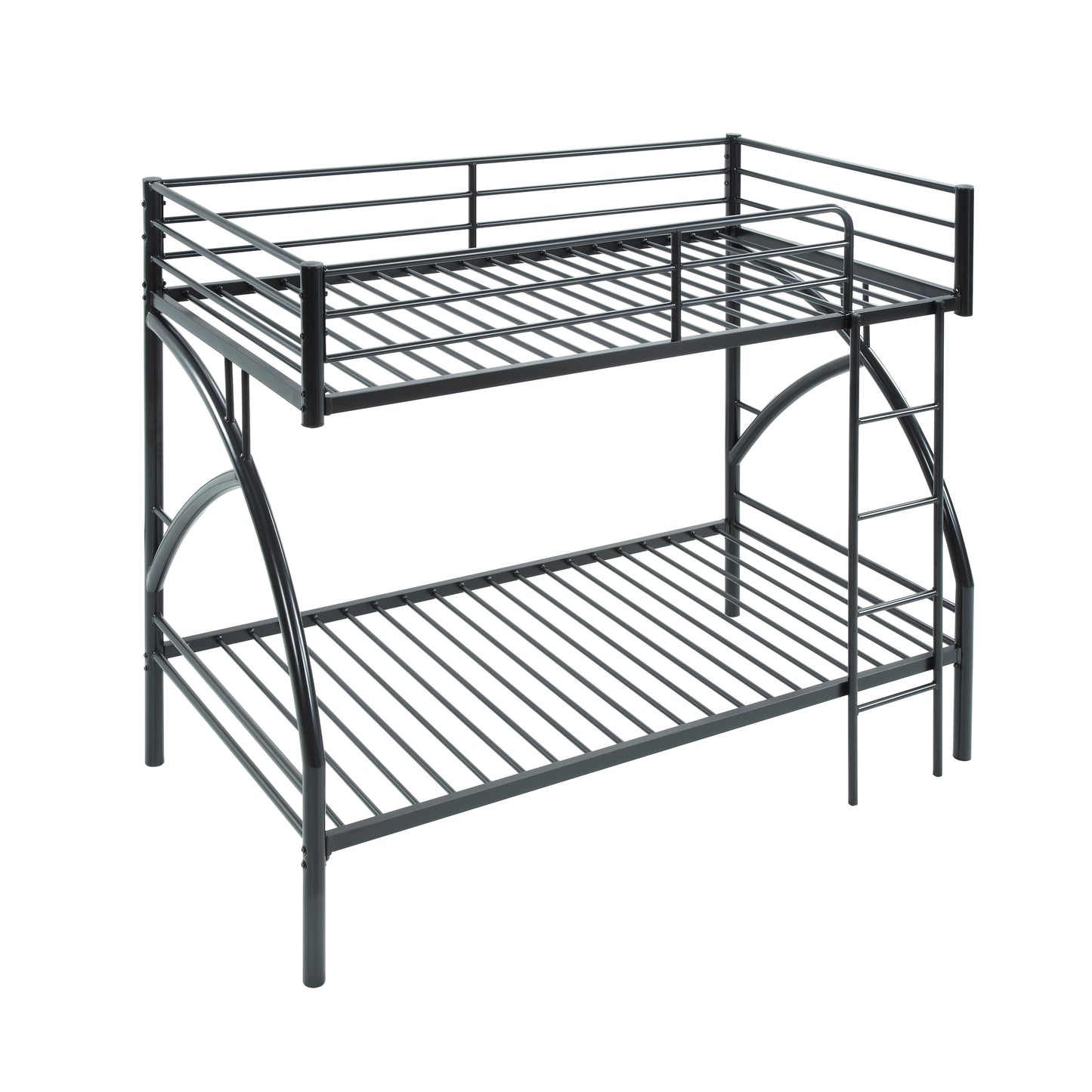 Sleek black metal twin over twin bunk bed with integrated ladder and guardrails for secure sleep