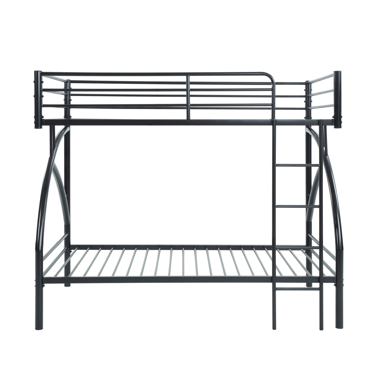 Black metal bunk bed with slatted mattress supports and integrated ladder