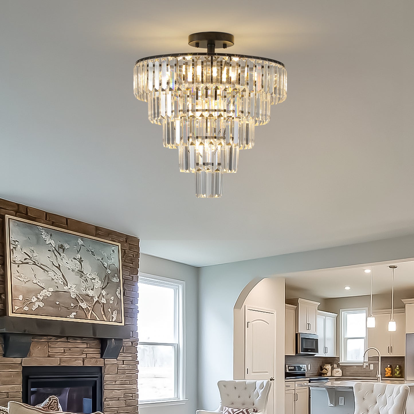 Elegant tiered crystal chandelier with polished chrome accents providing a luxurious focal point