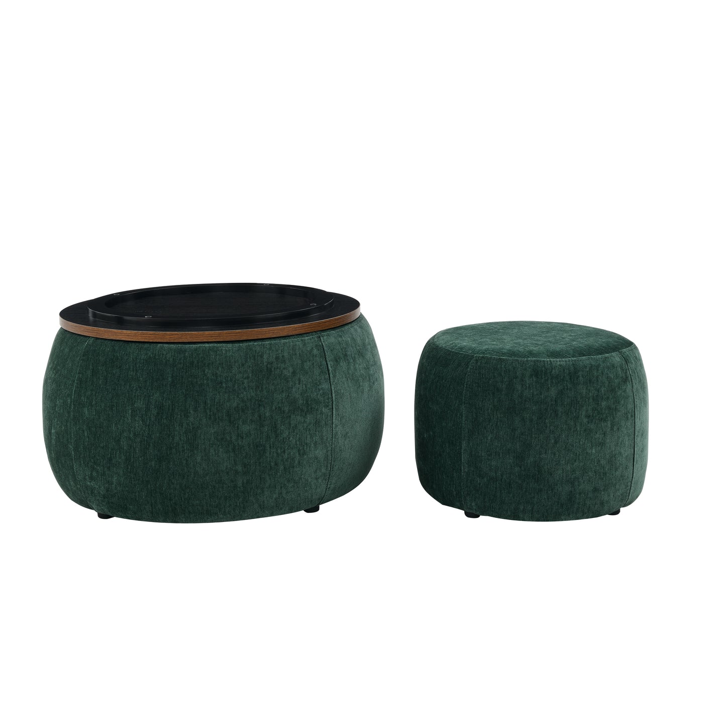 Emerald green velvet ottoman coffee table with a removable dark wood tray