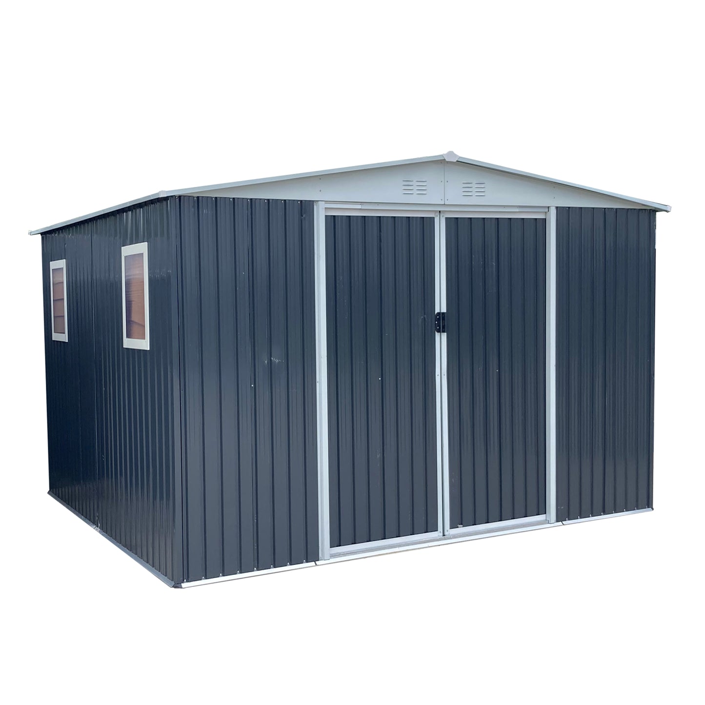 Dark grey metal garden shed with double doors and two small windows