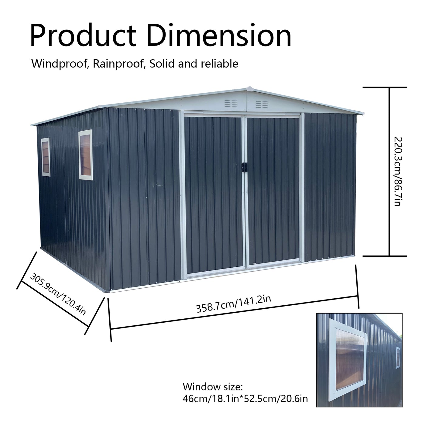 Dark gray metal storage shed with double doors and two windows cm long