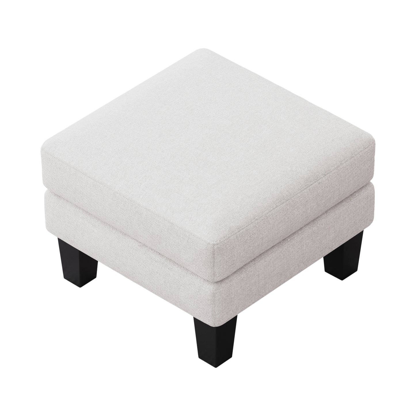 Square ottoman in textured light gray fabric with four black tapered legs