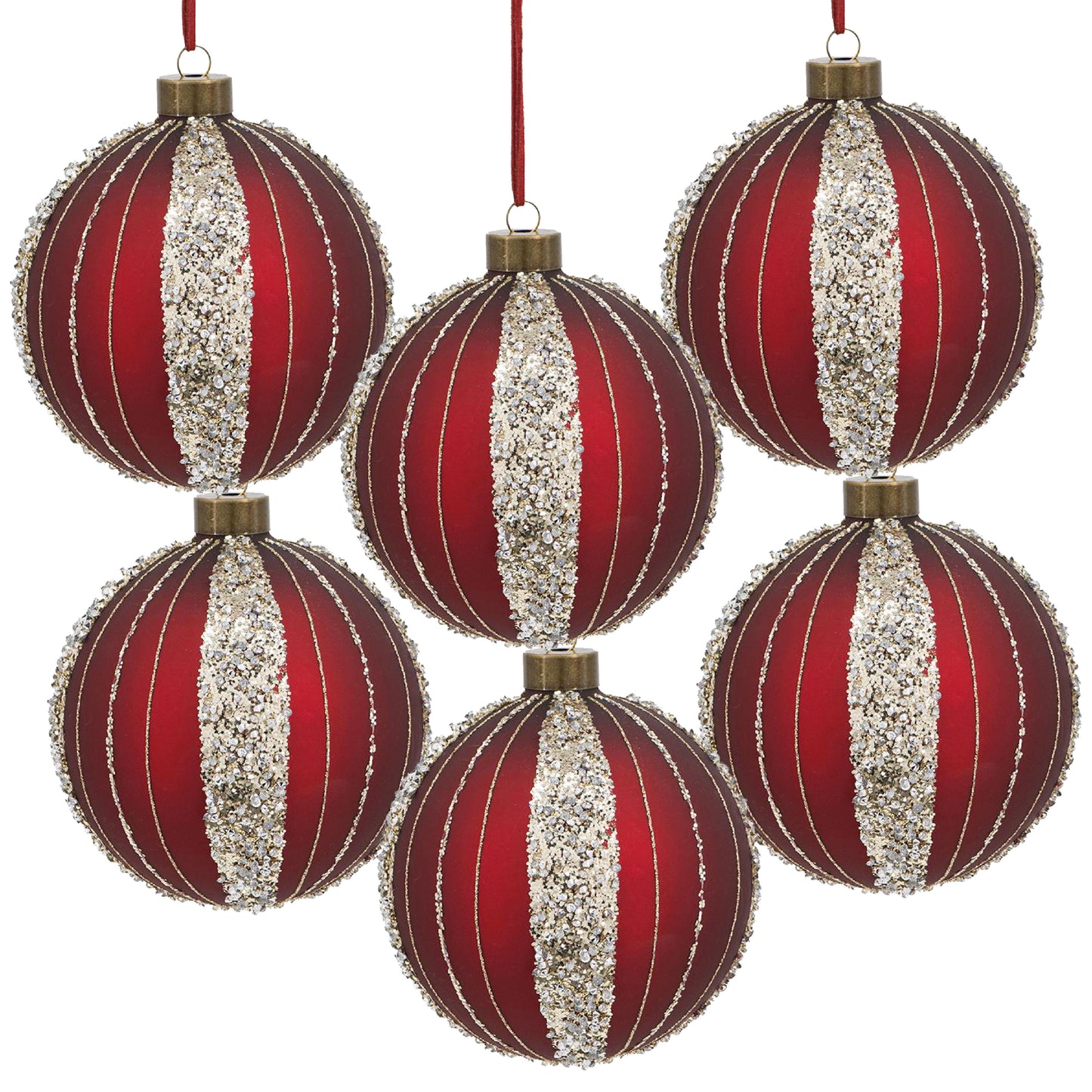 Six festive red glass Christmas ornaments with gold stripe and glitter accents