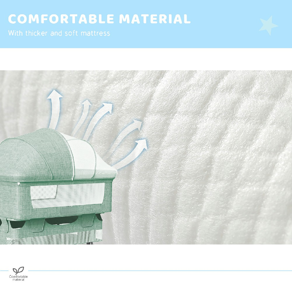Green baby bassinet with mesh sides highlighting breathable and comfortable material