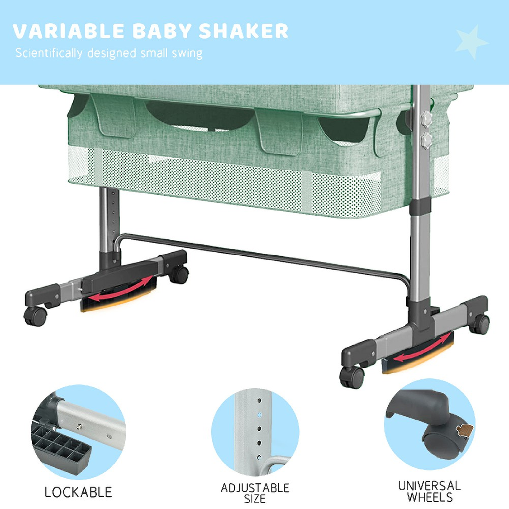 Green mesh baby shaker bassinet with adjustable height and lockable wheels