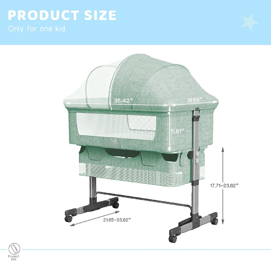 Adjustable mint green baby bassinet with mesh sides and storage basket dimensions shown