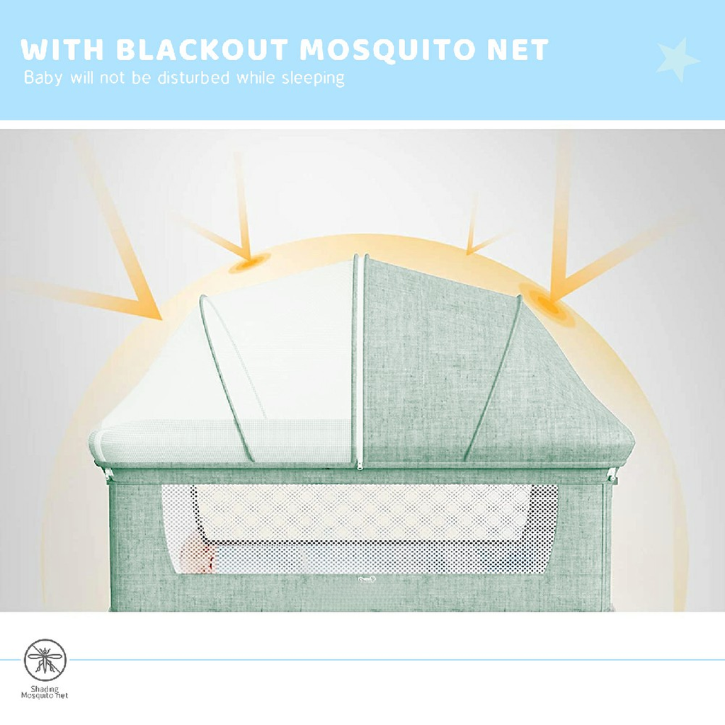 Green baby bassinet featuring a translucent mosquito net for protection