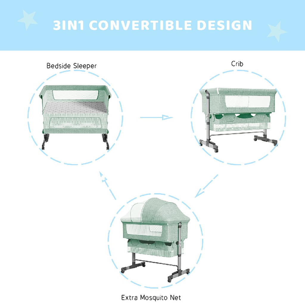 Green convertible baby bassinet as a bedside sleeper with adjustable legs