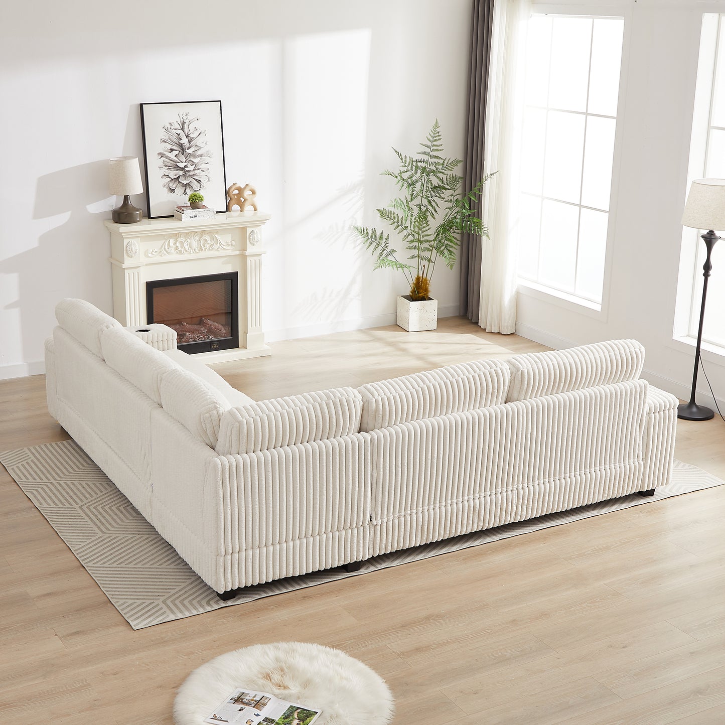 Cream corduroy sectional sofa with plush cushions perfect for modern living rooms