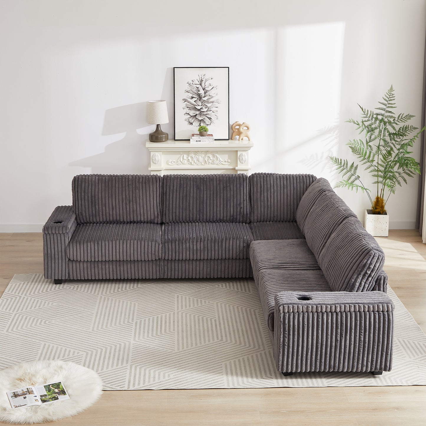 Dark gray corduroy sectional sofa with builtin cup holders