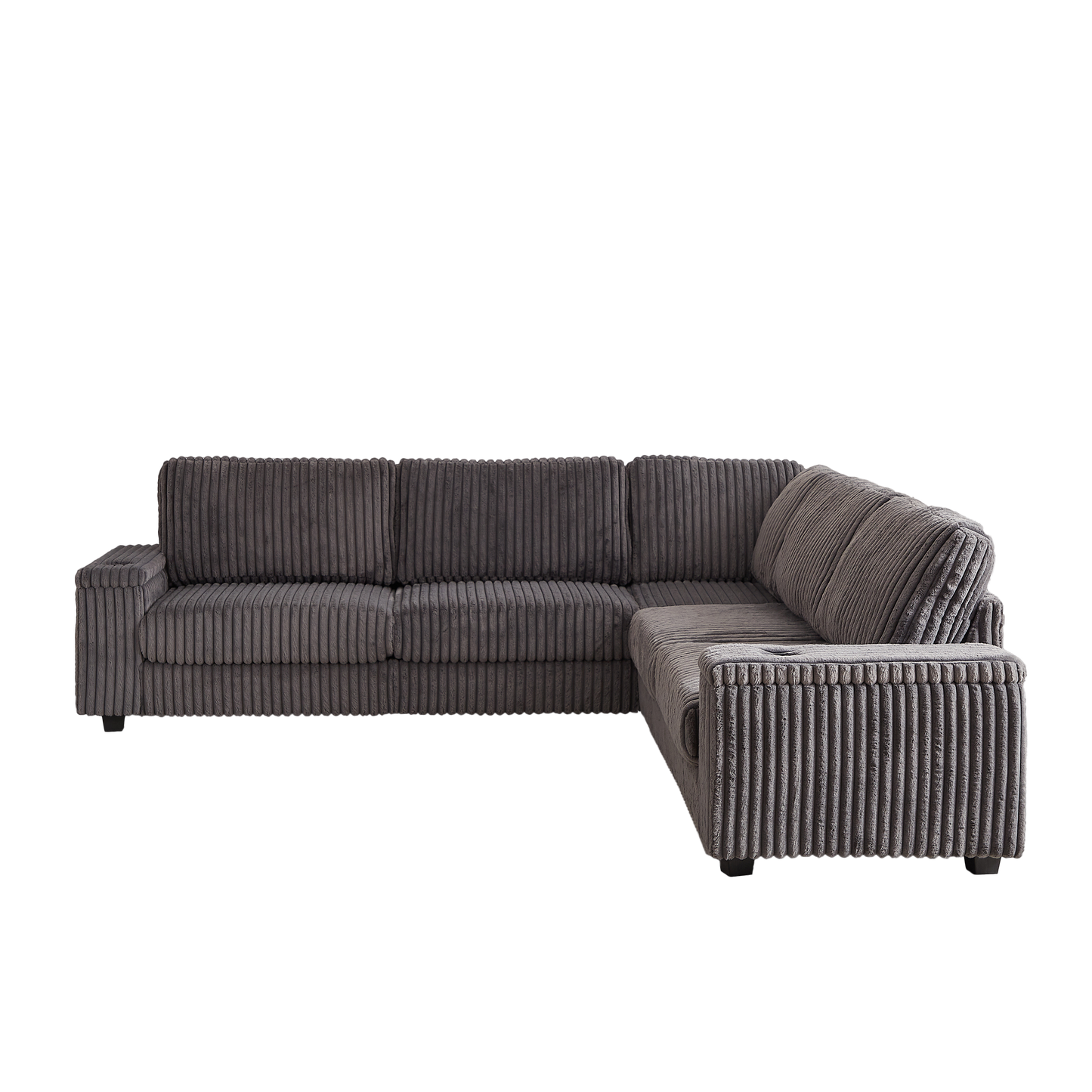 Dark gray corduroy sectional sofa with plush cushions and a modern design