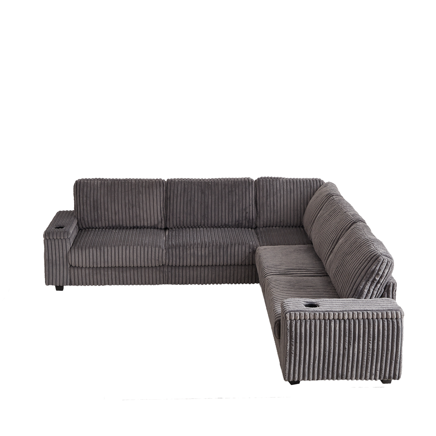 Gray corduroy sectional sofa with builtin cup holders and ample seating