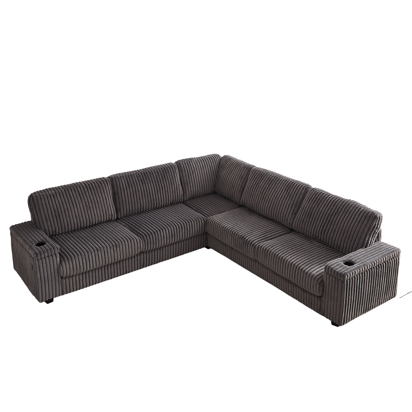 Plush grey corduroy sectional sofa with builtin cup holders perfect for living rooms