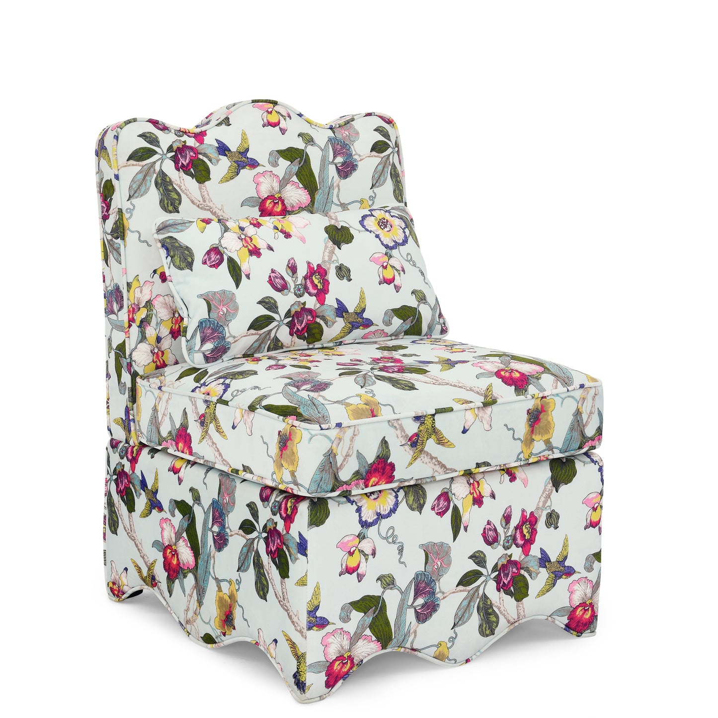 Light blue upholstered accent chair with a vibrant floral and bird pattern adding charm to any room