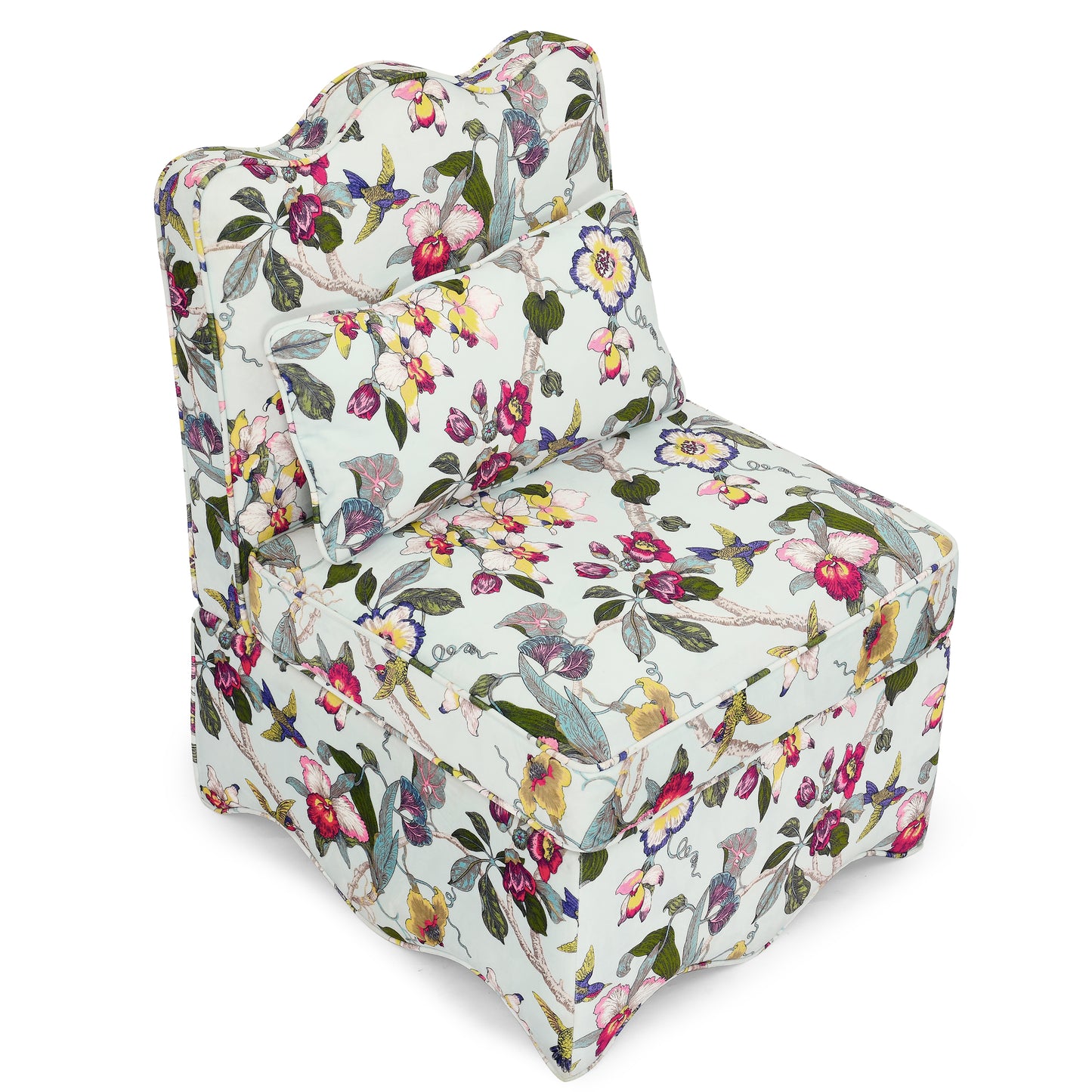 Light blue accent chair with a vibrant floral and bird print fabric