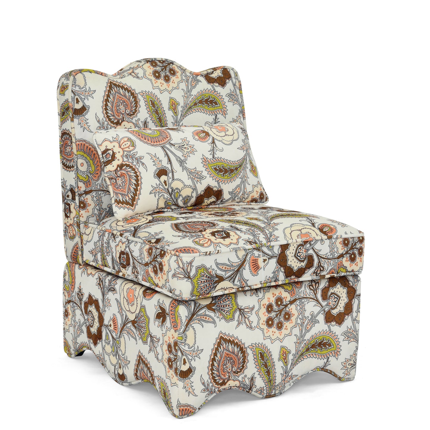 Floral upholstered accent chair with paisley pattern and curved back