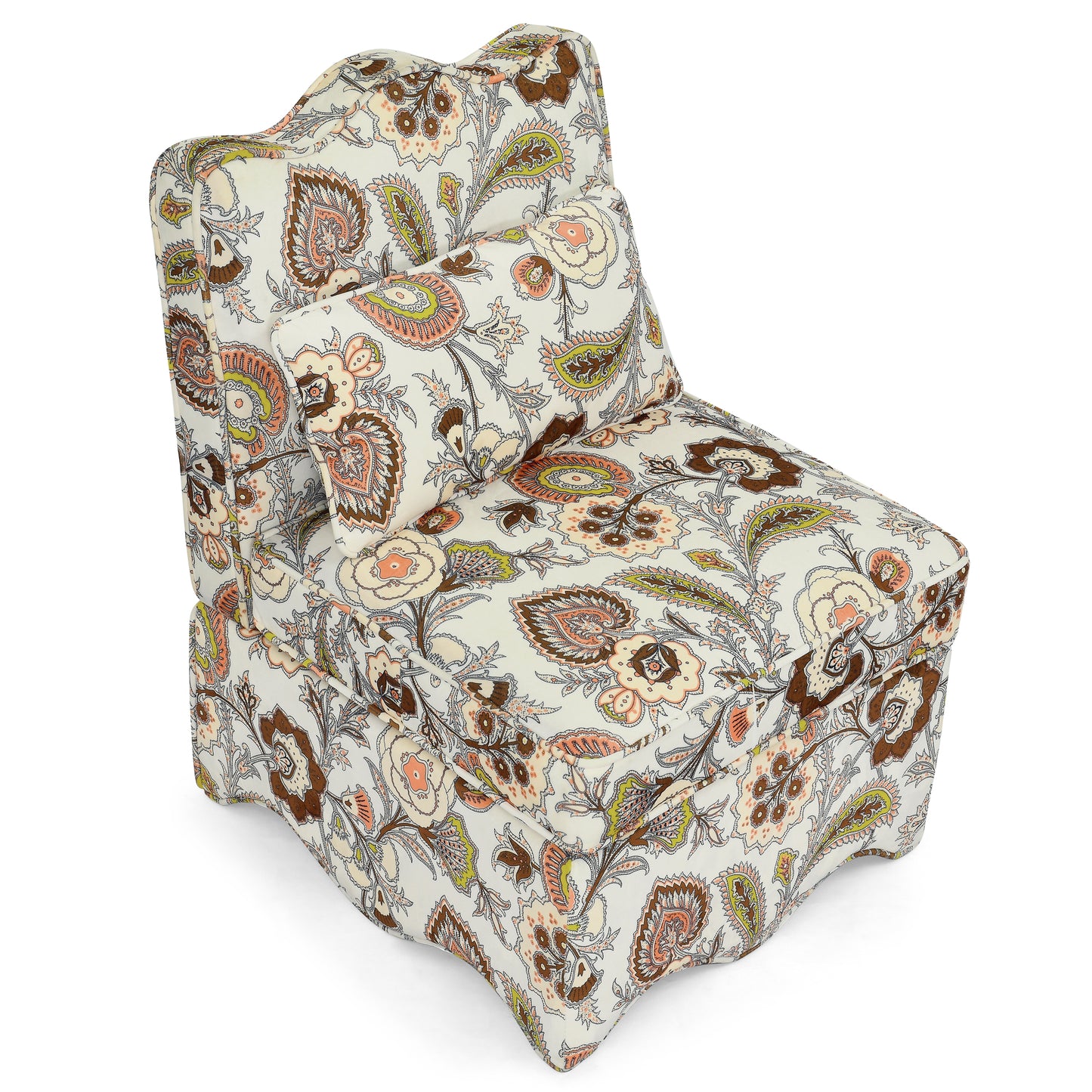 Paisley print accent chair with curved back and plush cushion white background