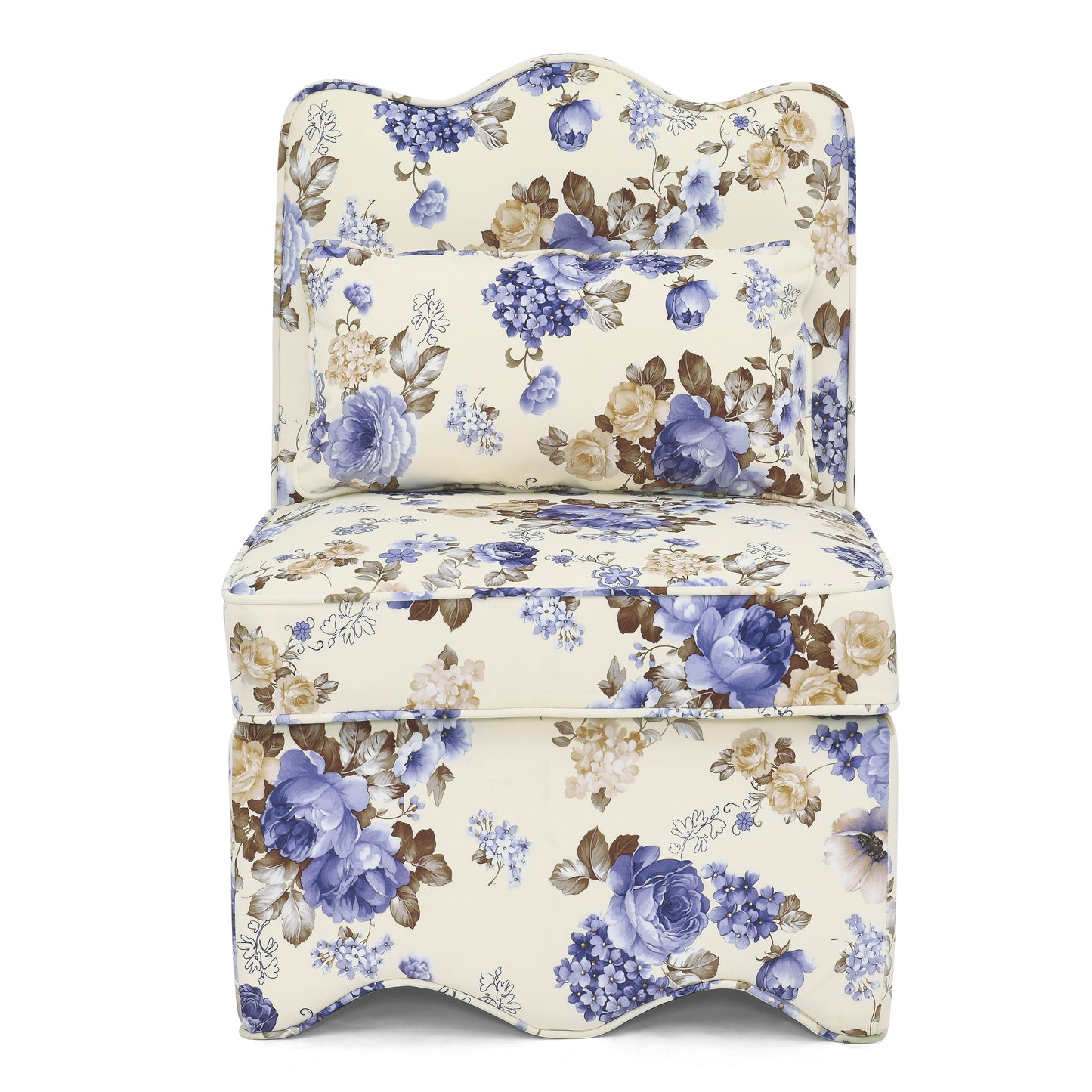 Cream accent chair with vintage blue floral upholstery featuring a padded seat and back