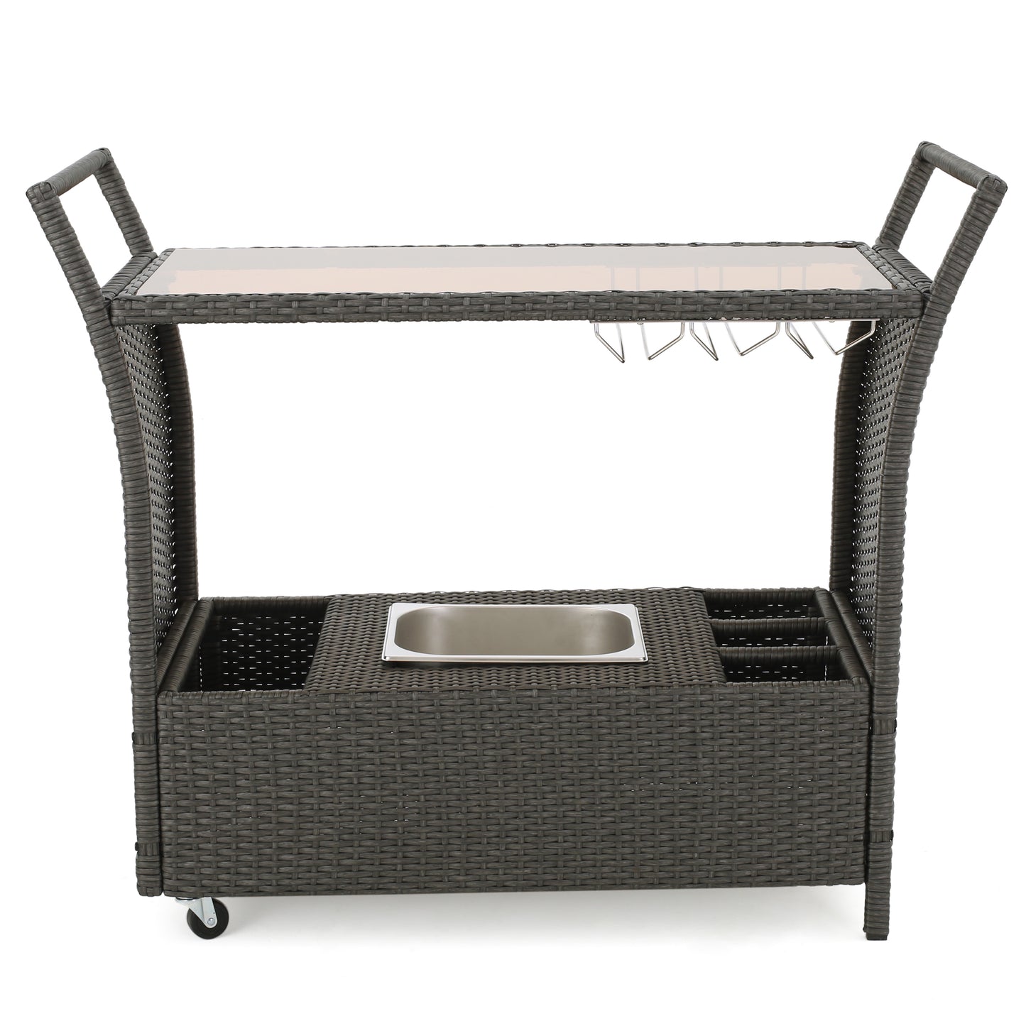 Dark grey rattan bar cart with ice bucket and wine glass rack