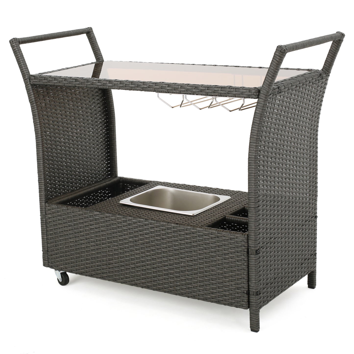 Dark gray wicker bar cart with glass top and builtin ice bucket
