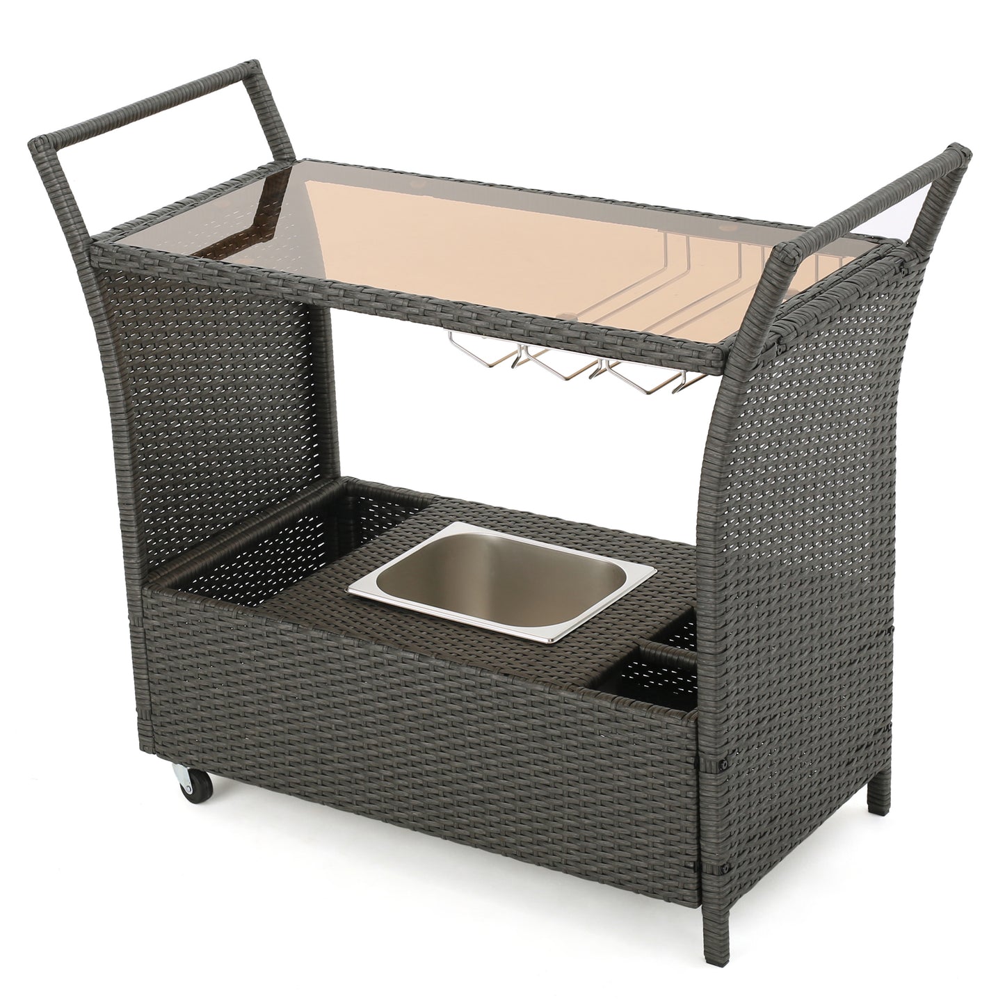 Dark gray wicker outdoor bar cart with glass top ice bucket and wheels