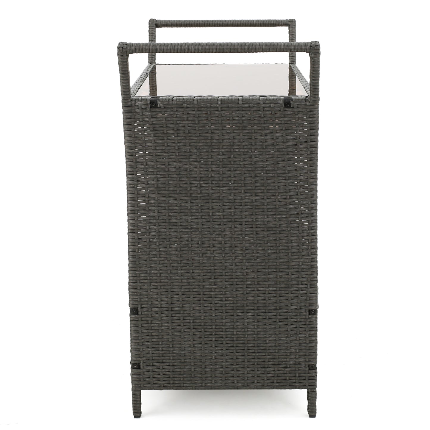Gray wicker bar cart with glass top and two shelves