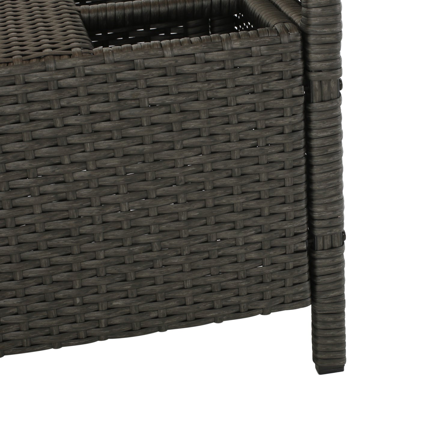 Dark gray wicker storage ottoman texture detail