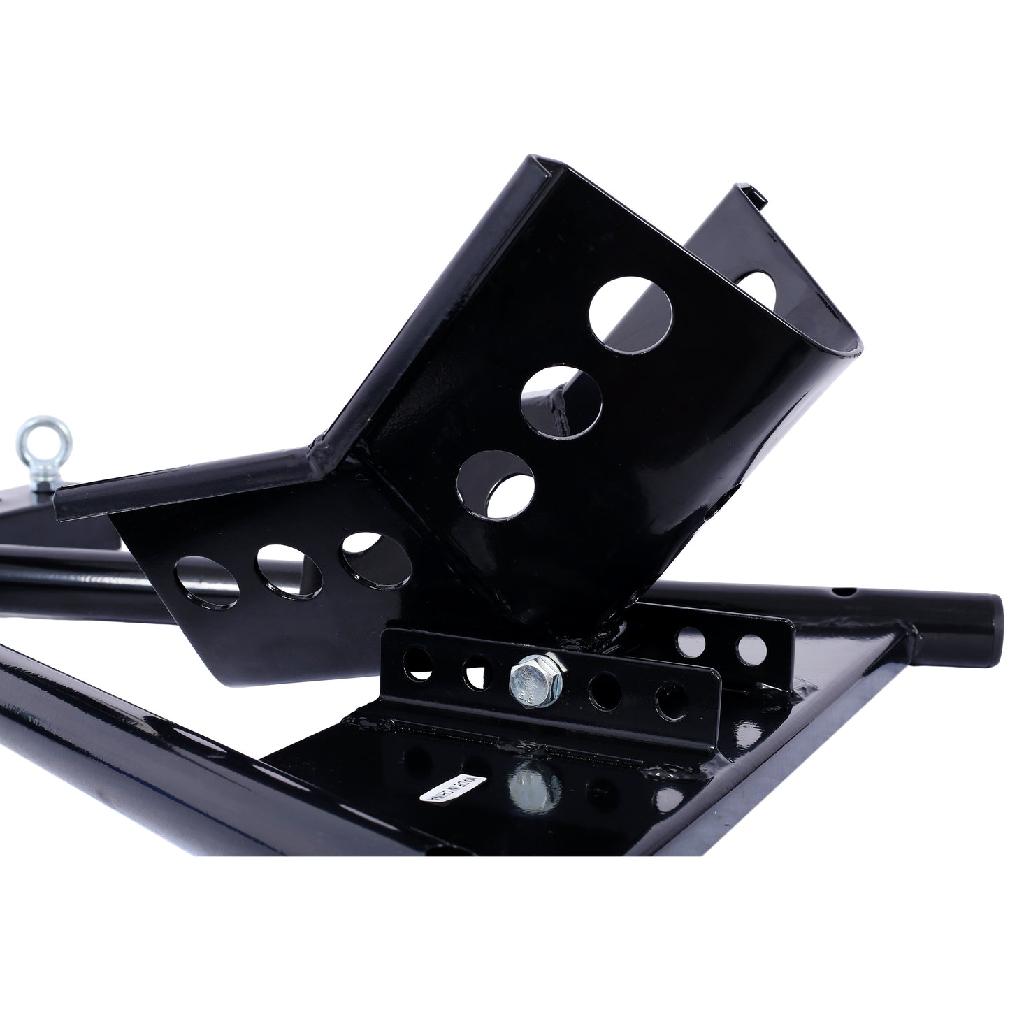 Black steel motorcycle wheel chock for secure parking and transport