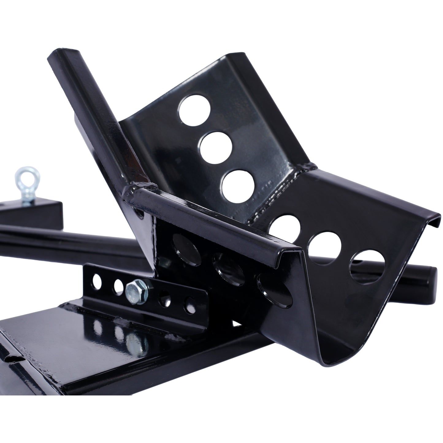 Black metal motorcycle wheel chock with circular cutouts for stability