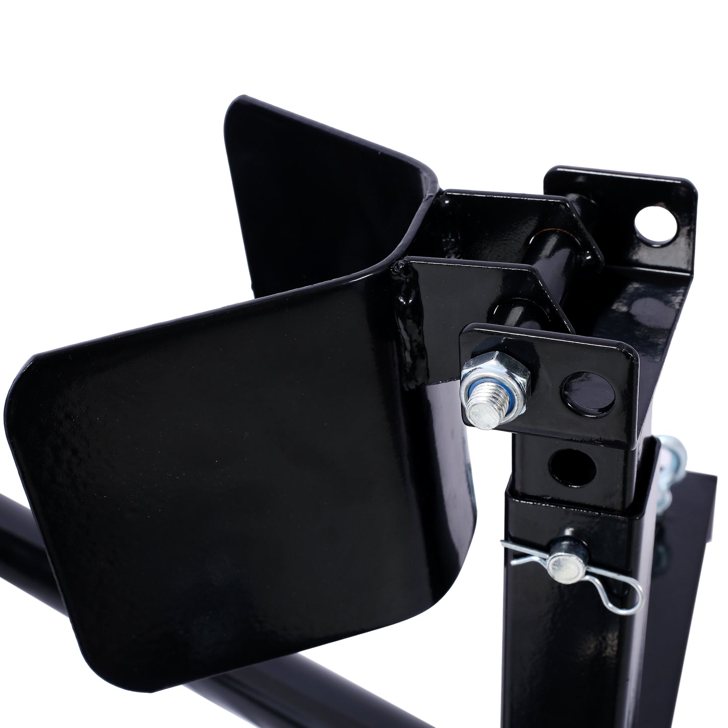 Black metal motorcycle wheel chock with secure locking mechanism