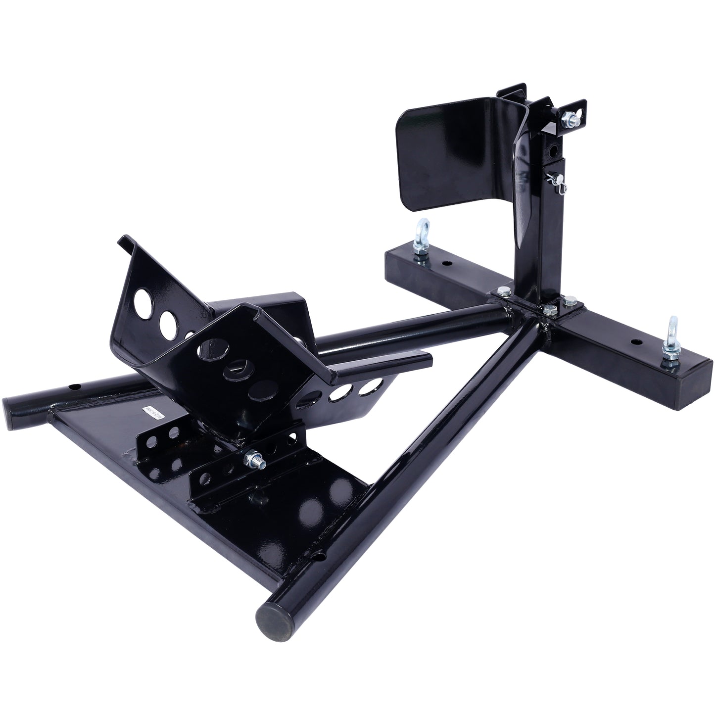 Black steel motorcycle wheel chock for secure front tire parking and transport