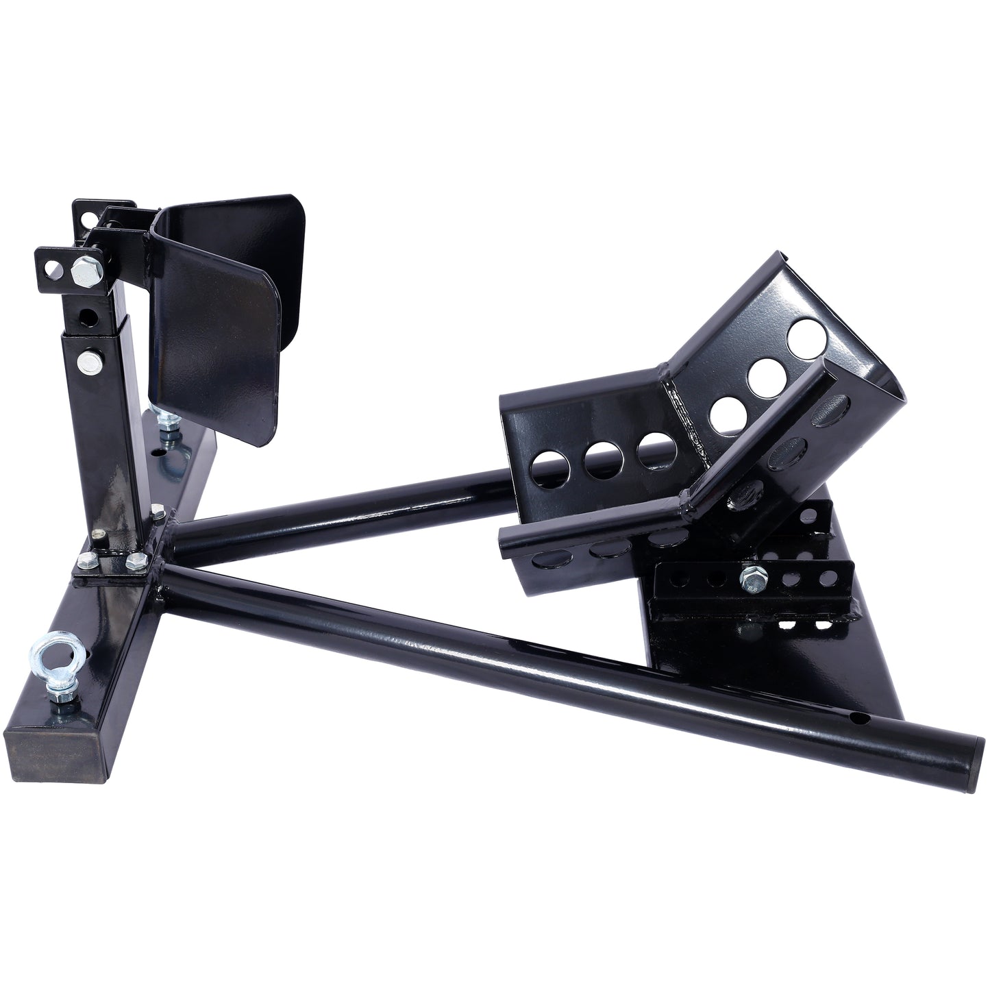 Black steel motorcycle front wheel chock for secure parking