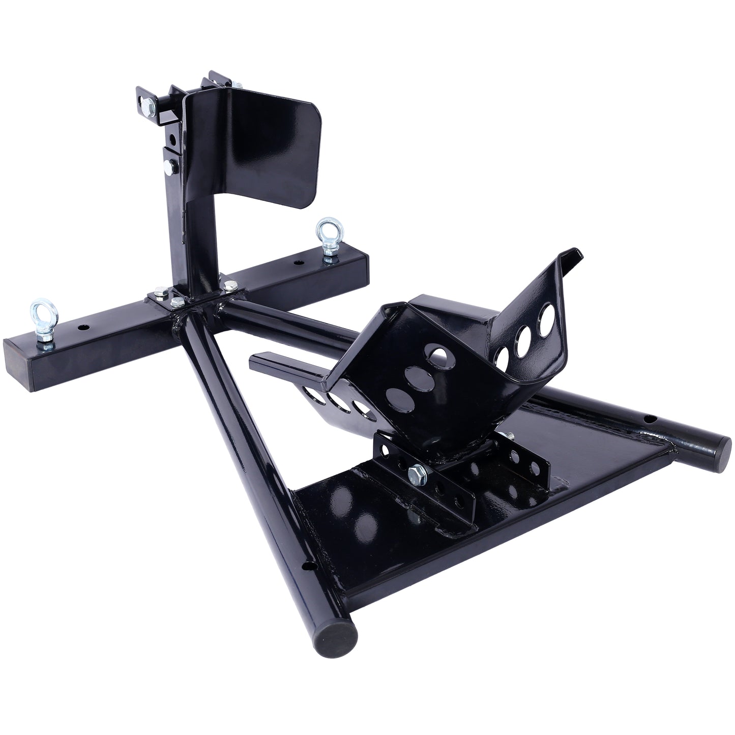 Black steel motorcycle wheel chock for secure parking and maintenance of motorcycles