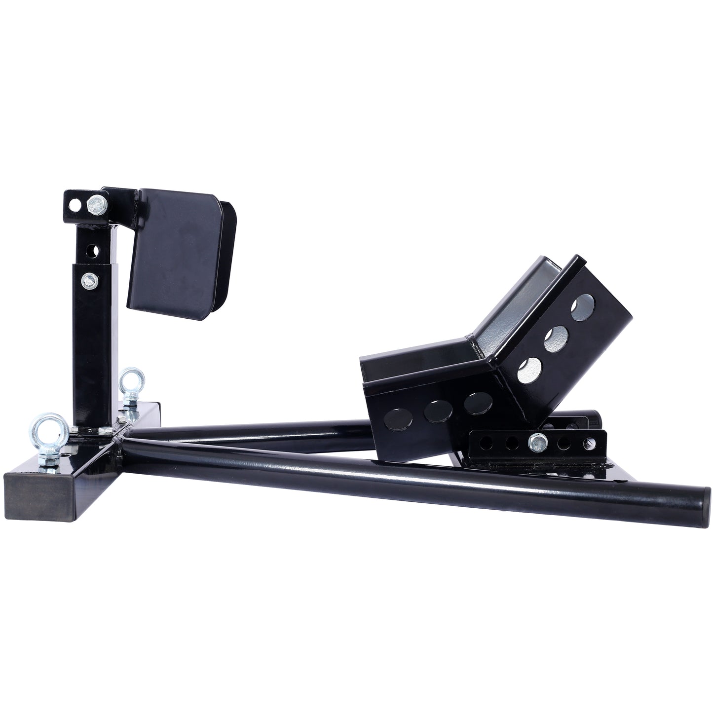 Heavyduty black steel motorcycle wheel chock for secure parking and transport