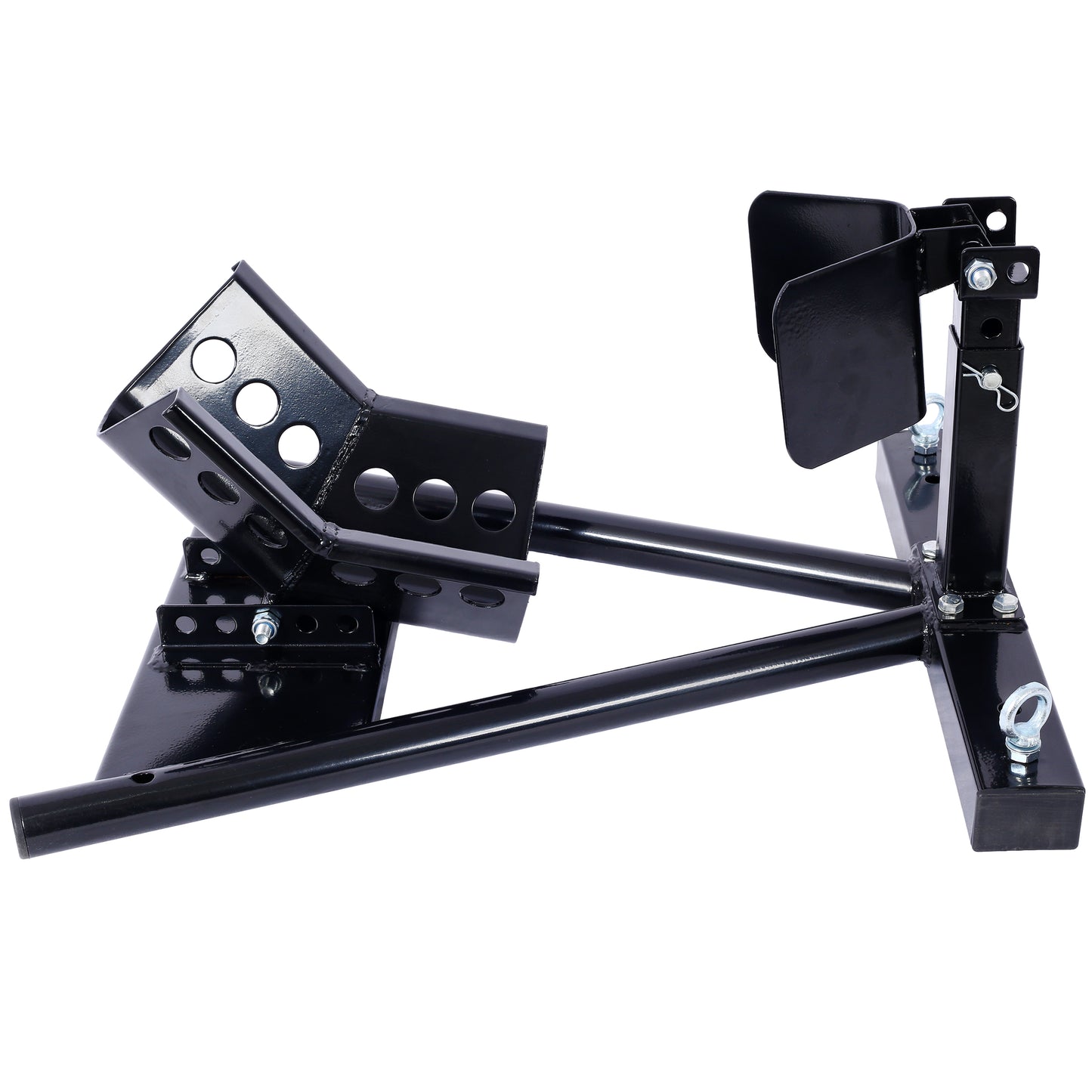 Heavyduty black steel motorcycle front wheel chock for secure parking and transport