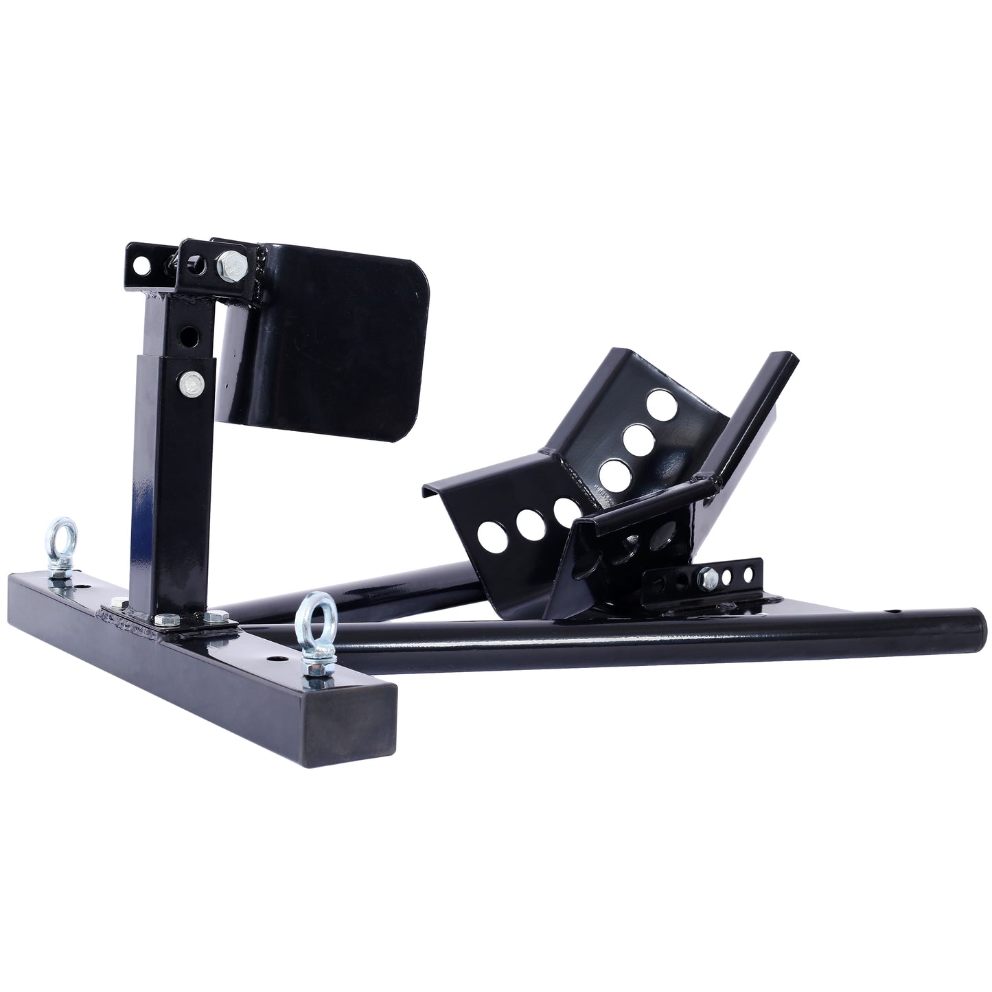 Black steel motorcycle chock for secure bike parking and transport