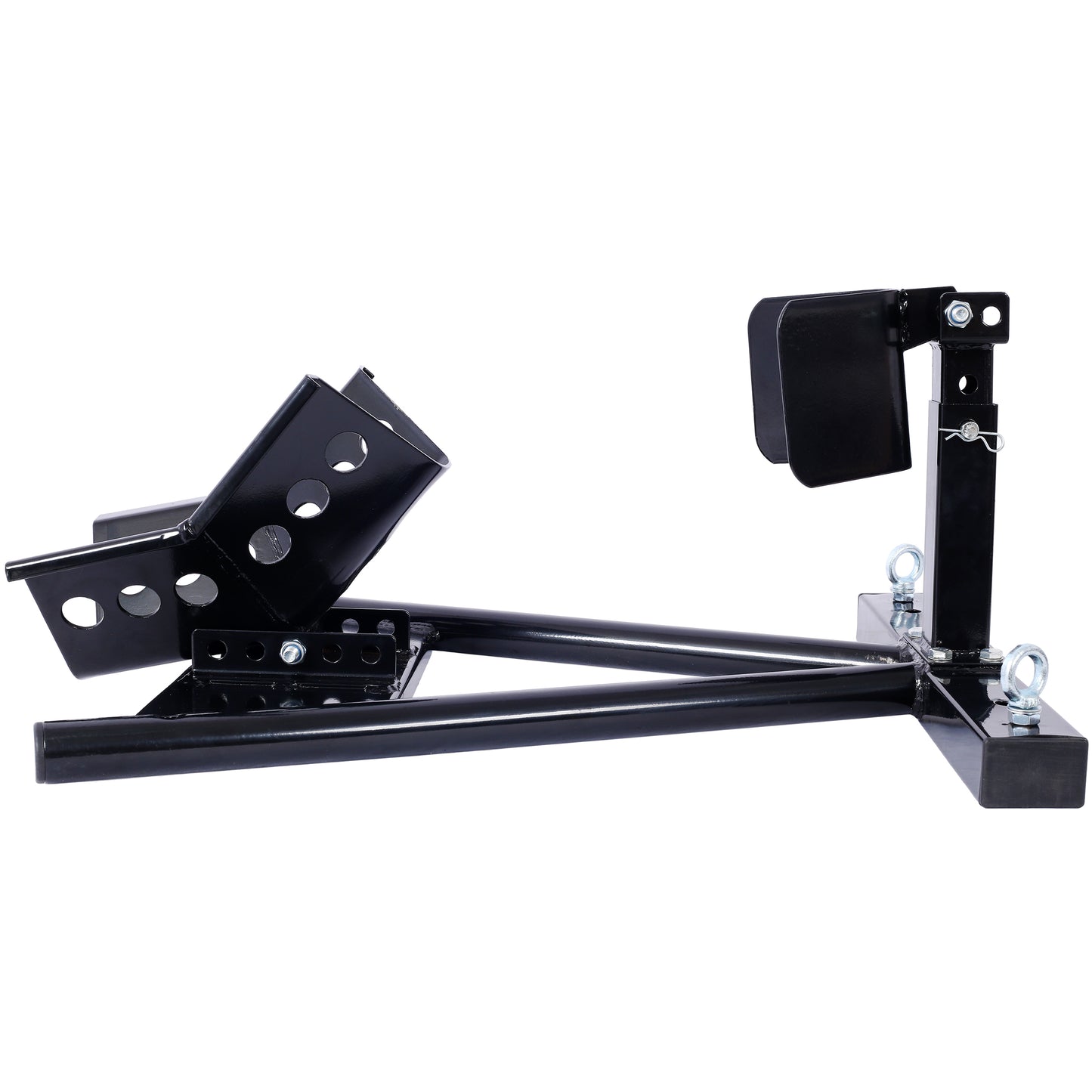 Black steel motorcycle wheel chock for secure parking and transport stability