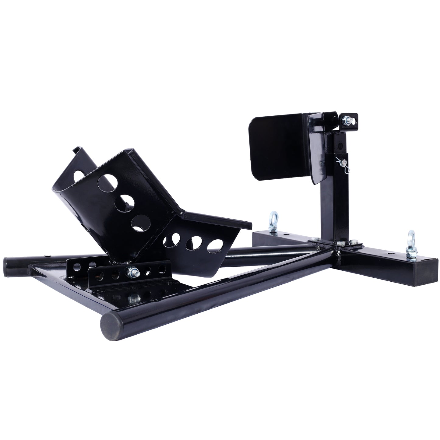 Black steel motorcycle wheel chock with adjustable cradle and locking mechanism
