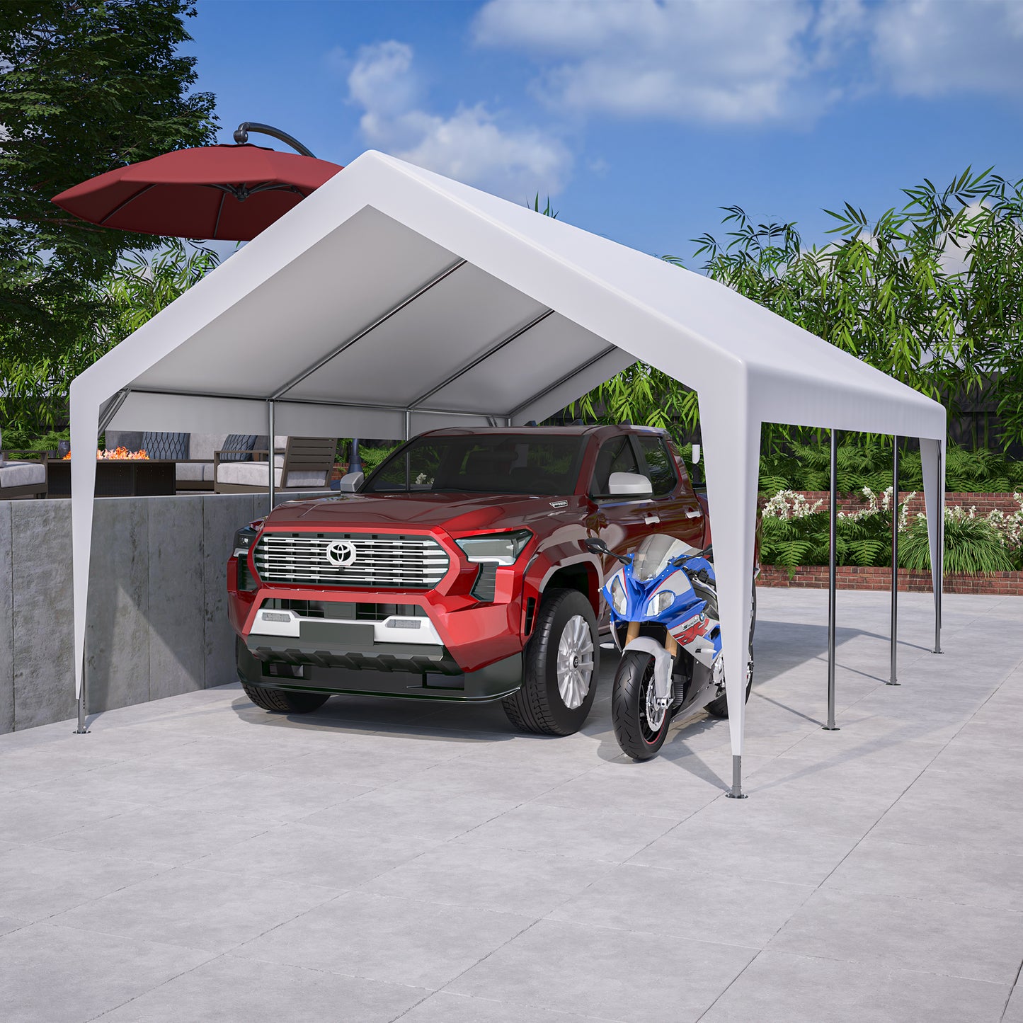 White carport protecting a red SUV and a blue motorcycle from weather elements