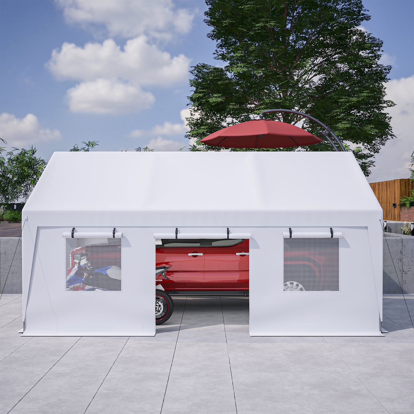 White carport tent protecting a red truck and motorcycle from elements