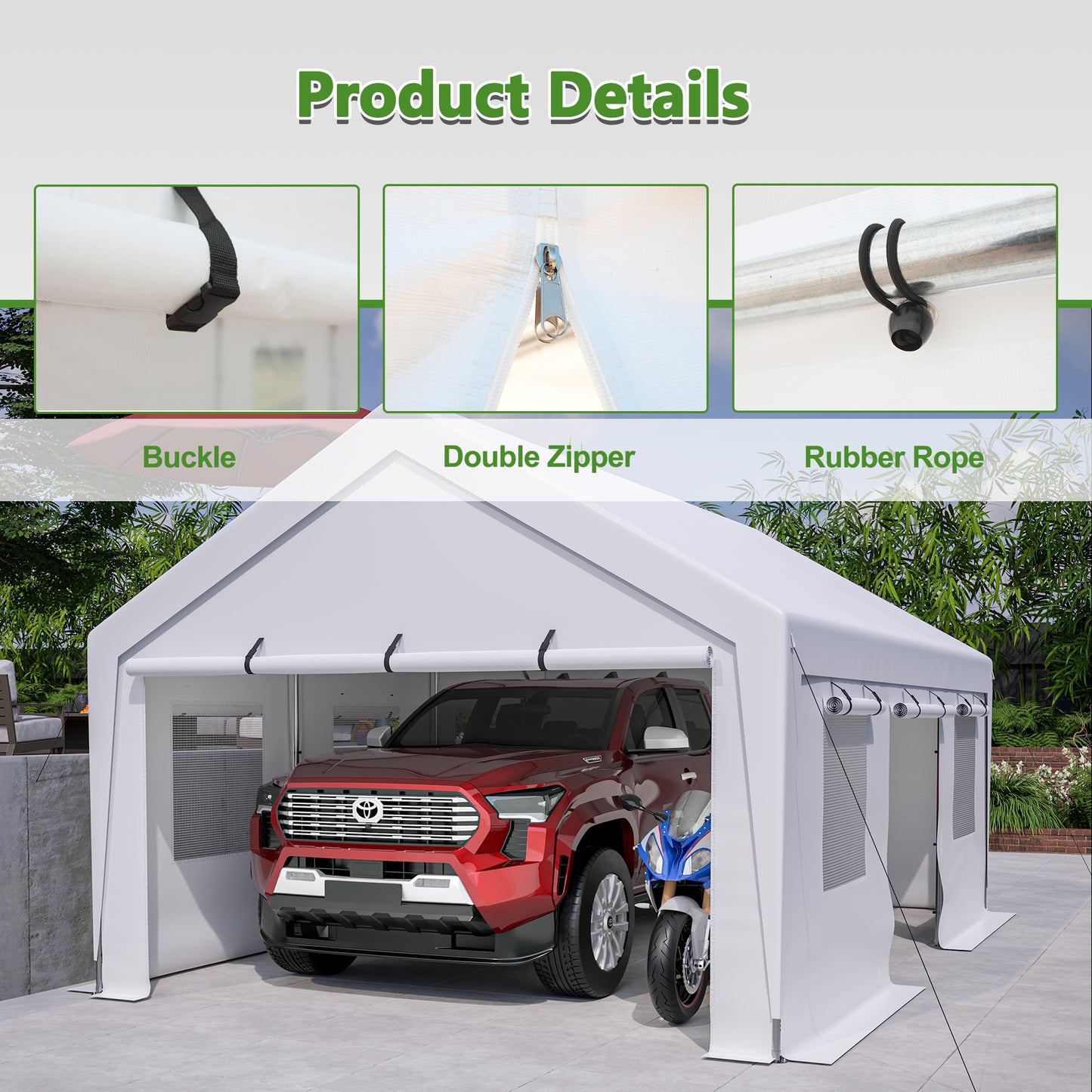 White heavy duty garage tent with double zipper and buckle closure for vehicle protection