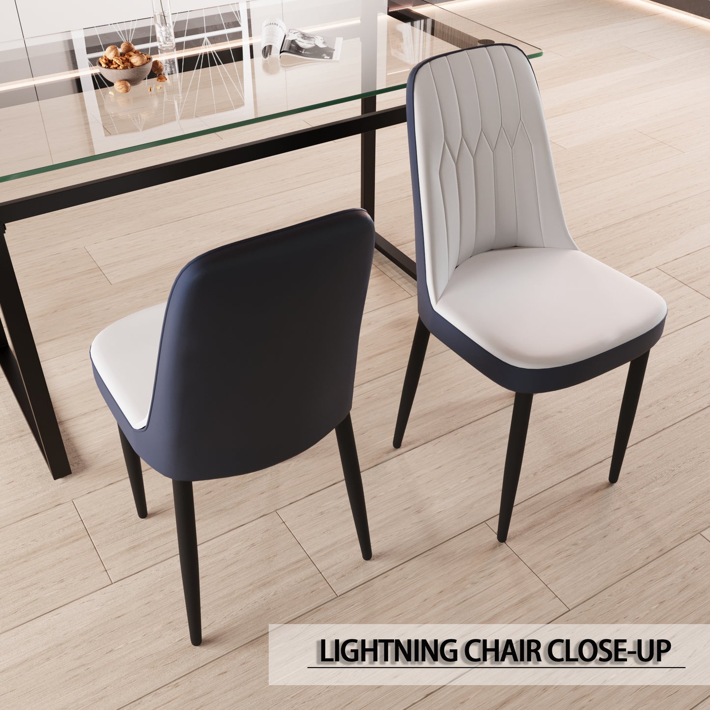 Modern dining chair with white upholstered seat and navy blue leather backrest