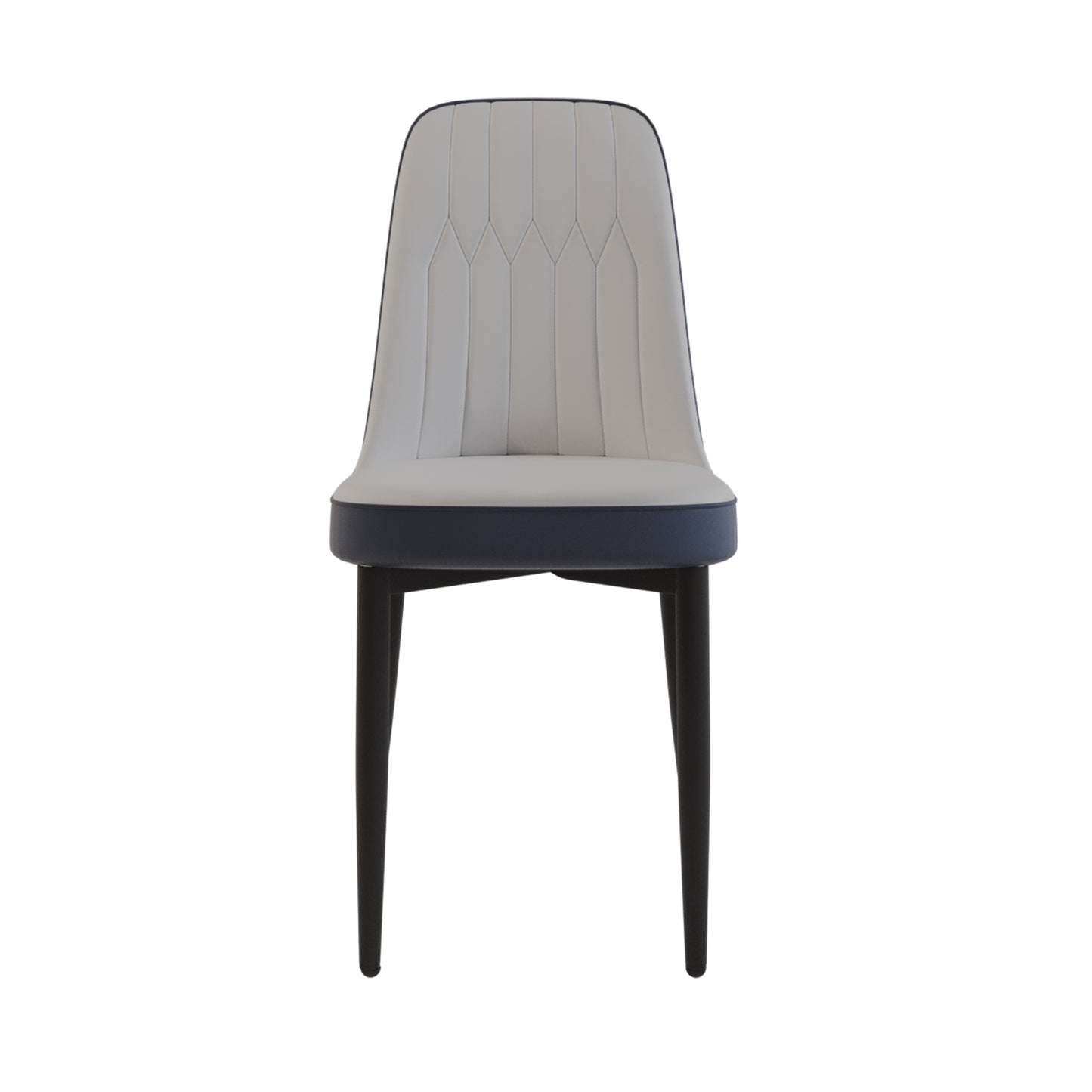 Modern upholstered dining chair in light grey with dark blue trim and black legs