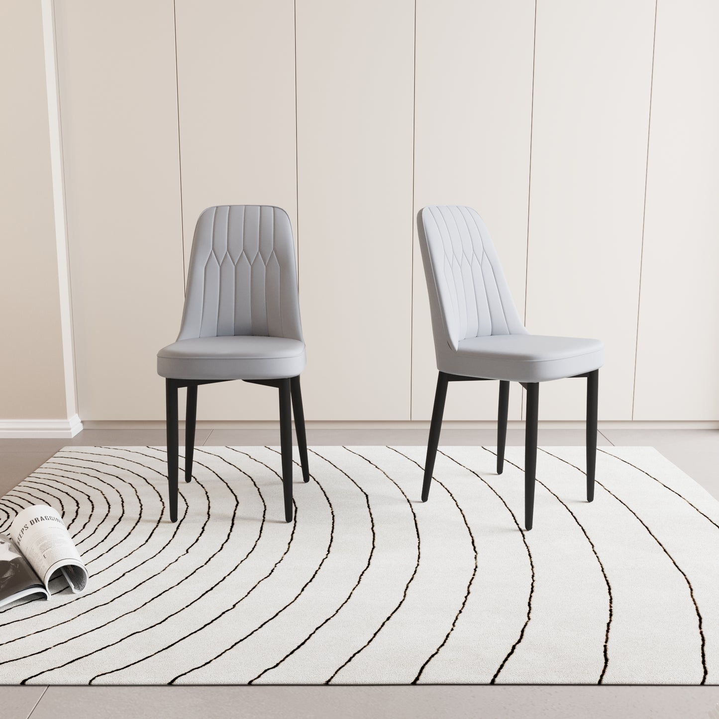 Modern upholstered dining chair in light grey with diamond tufting and black legs